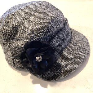 Womens Gray Tweed Railroad Hat Wool Blend Cap w/ Removable Rosette Vintage Style